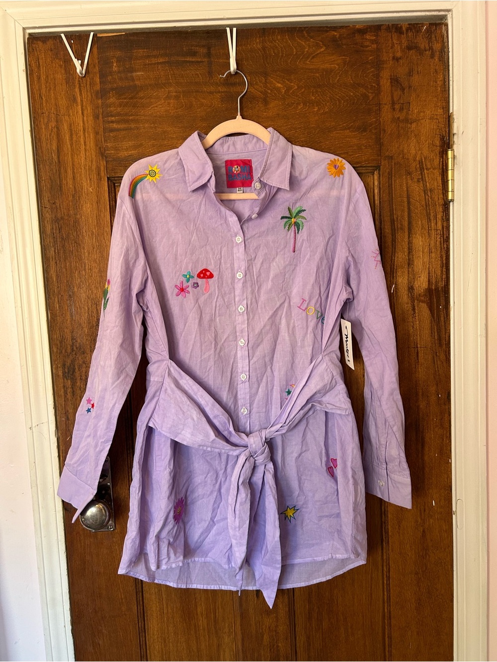Embroidered Lilac Button-Front Tie-Waist Dress